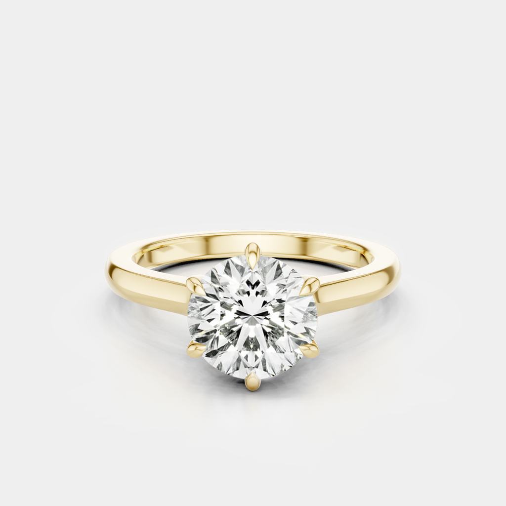 Cambon round brilliant six claw solitaire swept shoulder engagement ring in 18ct yellow gold