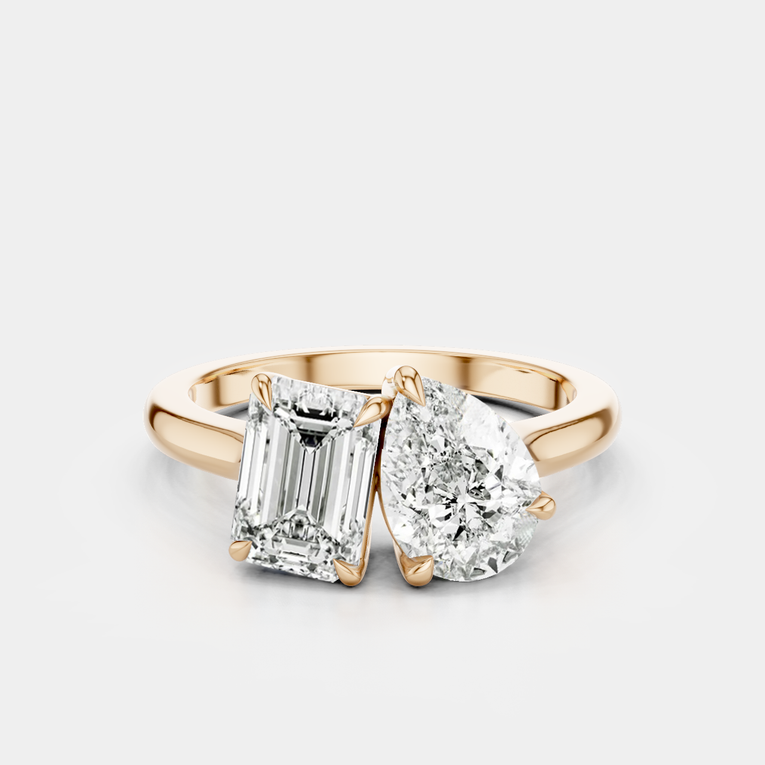 Kinney Toi Et Moi pear emerald engagement ring in 18ct rose gold