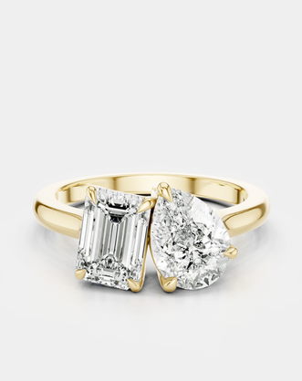 Kinney Toi Et Moi pear emerald engagement ring in 18ct yellow gold