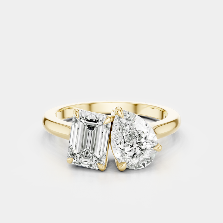 Kinney Toi Et Moi pear emerald engagement ring in 18ct yellow gold