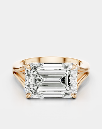 Perry East-West 5ct emerald solitaire double band engagement ring in 18ct rose gold