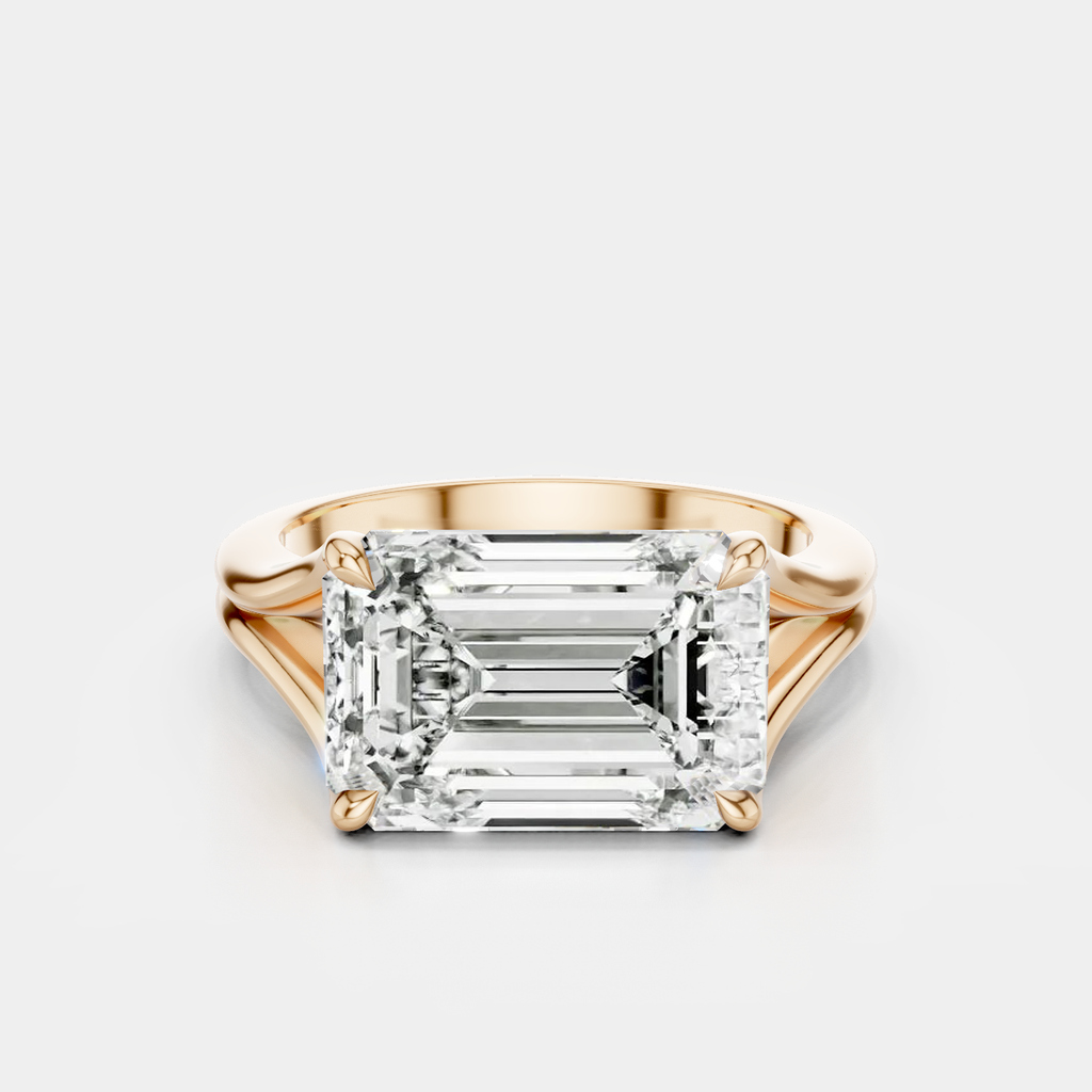 Perry East-West 5ct emerald solitaire double band engagement ring in 18ct rose gold