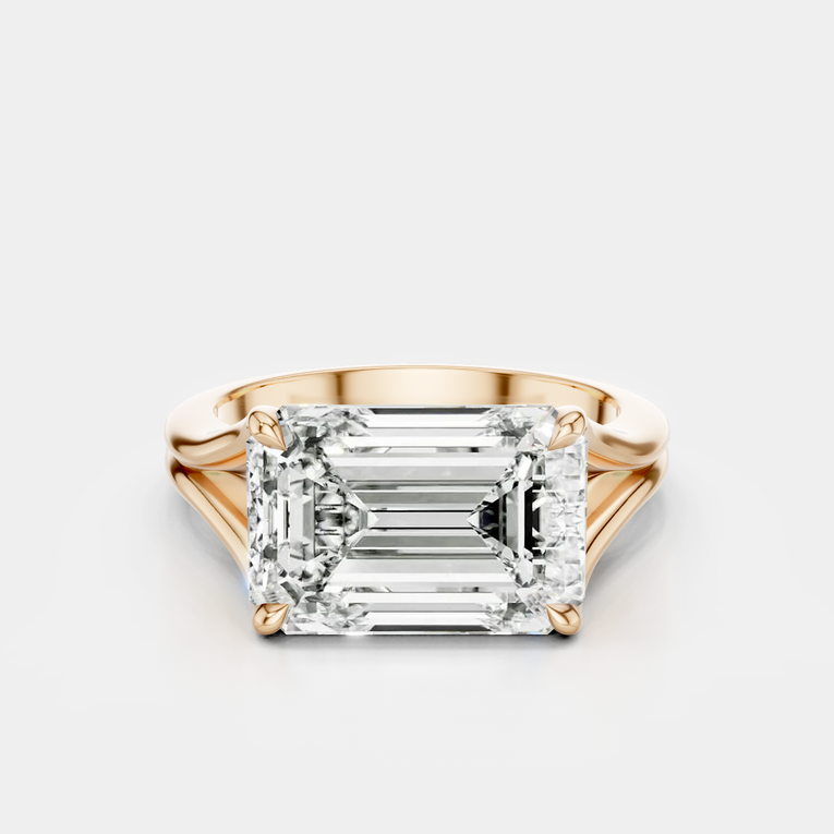 Perry East-West 5ct emerald solitaire double band engagement ring in 18ct rose gold