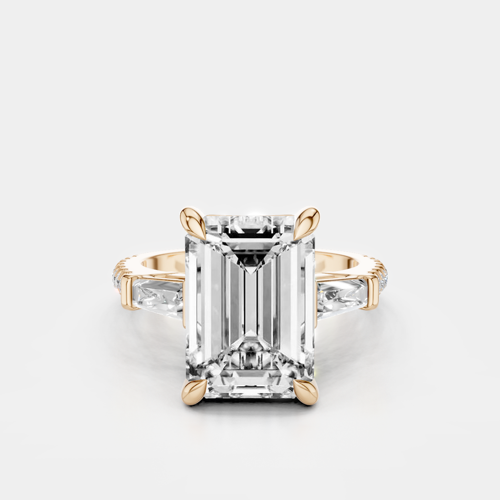 Elizabeth 5ct emerald cut tapered baguette engagement ring in 18ct rose gold