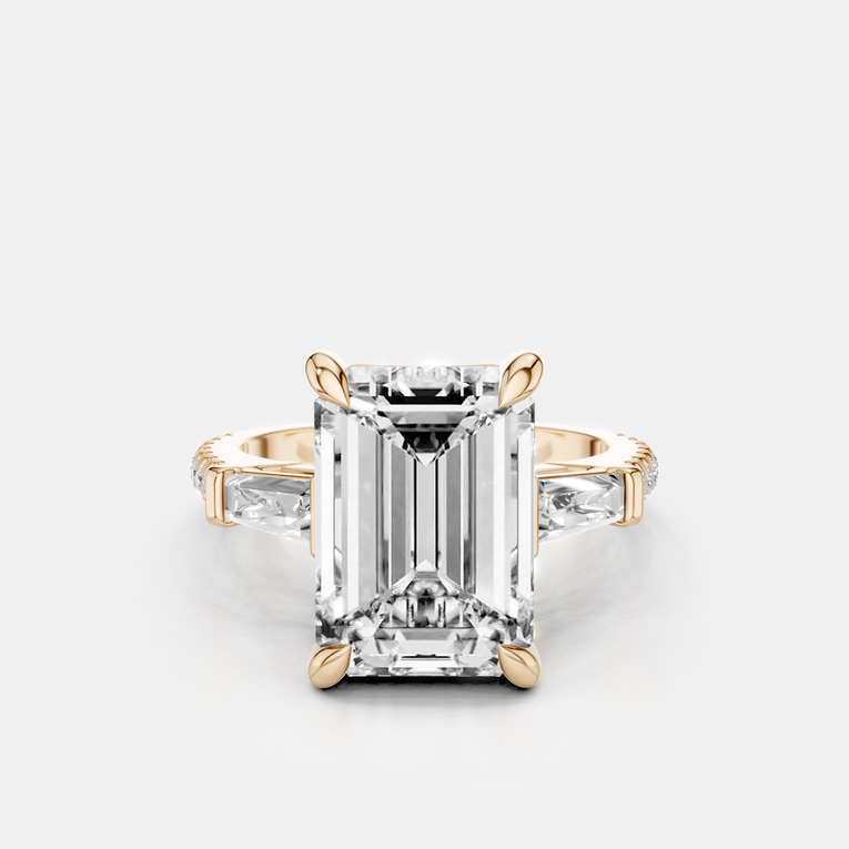 Elizabeth 5ct emerald cut tapered baguette engagement ring in 18ct rose gold