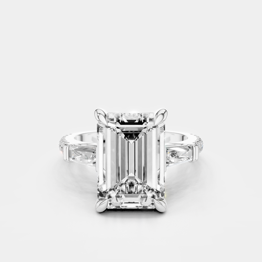 Elizabeth 5ct emerald cut tapered baguette engagement ring in 18ct white gold