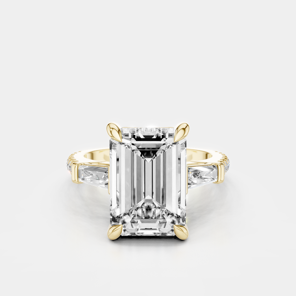 Elizabeth 5ct emerald cut tapered baguette engagement ring in 18ct yellow gold
