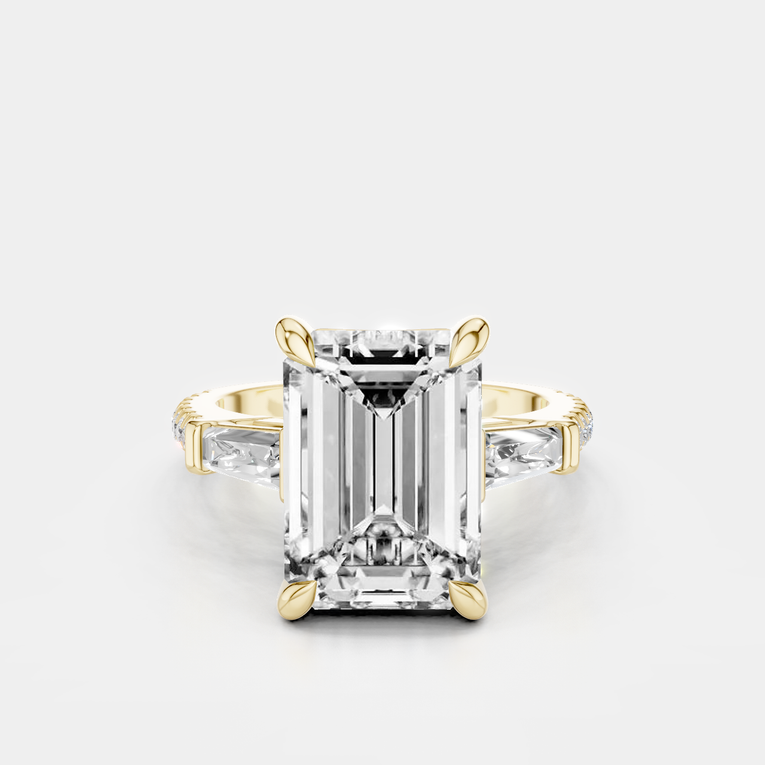Elizabeth 5ct emerald cut tapered baguette engagement ring in 18ct yellow gold