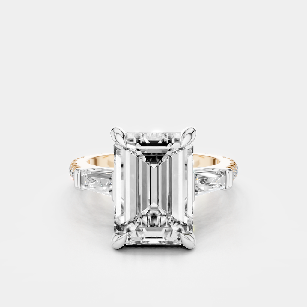 Elizabeth 5ct emerald cut tapered baguette engagement ring in platinum on rose gold