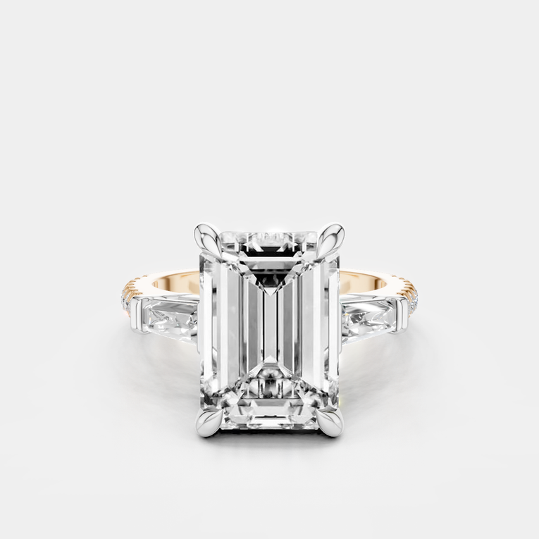 Elizabeth 5ct emerald cut tapered baguette engagement ring in platinum on rose gold