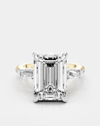 Elizabeth 5ct emerald cut tapered baguette engagement ring in platinum on gold
