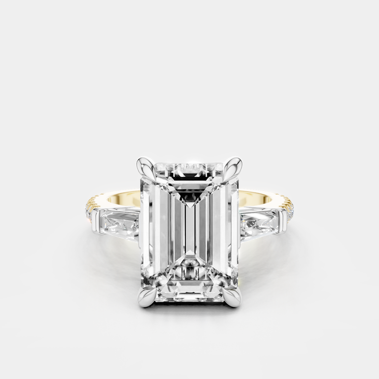 Elizabeth 5ct emerald cut tapered baguette engagement ring in platinum on gold