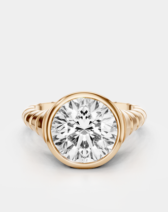 Chrystie 3ct round brilliant signet bezel grooved band engagement ring in 18ct rose gold