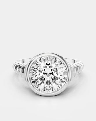 Chrystie 3ct round brilliant signet bezel grooved band engagement ring in 18ct white gold