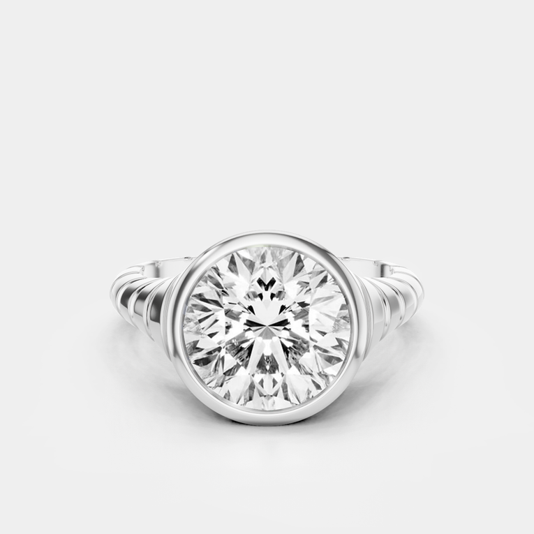 Chrystie 3ct round brilliant signet bezel grooved band engagement ring in 18ct white gold