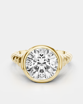 Chrystie 3ct round brilliant signet bezel grooved band engagement ring in 18ct yellow gold