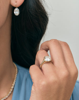 Model wears Vendôme 2ct oval button style drop earrings in 18ct yellow gold
