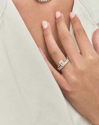 Model wears Vista 0.10ct Emerald Cut North-South Half Set Wedding Band 18ct yellow gold