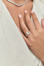 Model wears Vista 0.10ct Emerald Cut North-South Half Set Wedding Band 18ct yellow gold