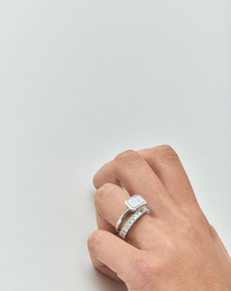Model wears Vista 0.10ct Emerald Cut North-South Half Set Wedding Band 18ct white gold