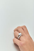 Model wears Vista 0.10ct Emerald Cut North-South Half Set Wedding Band 18ct white gold