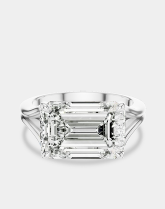 Perry East-West 5ct emerald solitaire double band engagement ring in 18ct white gold