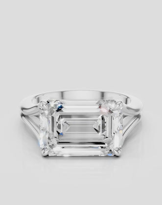 Perry East-West 5ct emerald solitaire double band engagement ring in platinum