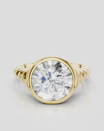 Chrystie 3ct round brilliant signet bezel grooved band engagement ring in 18ct yellow gold