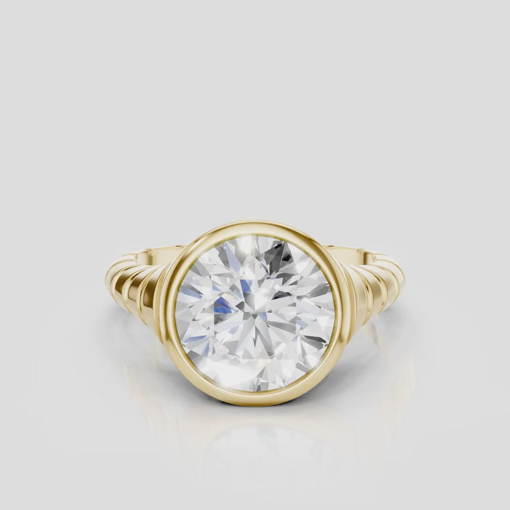 Chrystie 3ct round brilliant signet bezel grooved band engagement ring in 18ct yellow gold