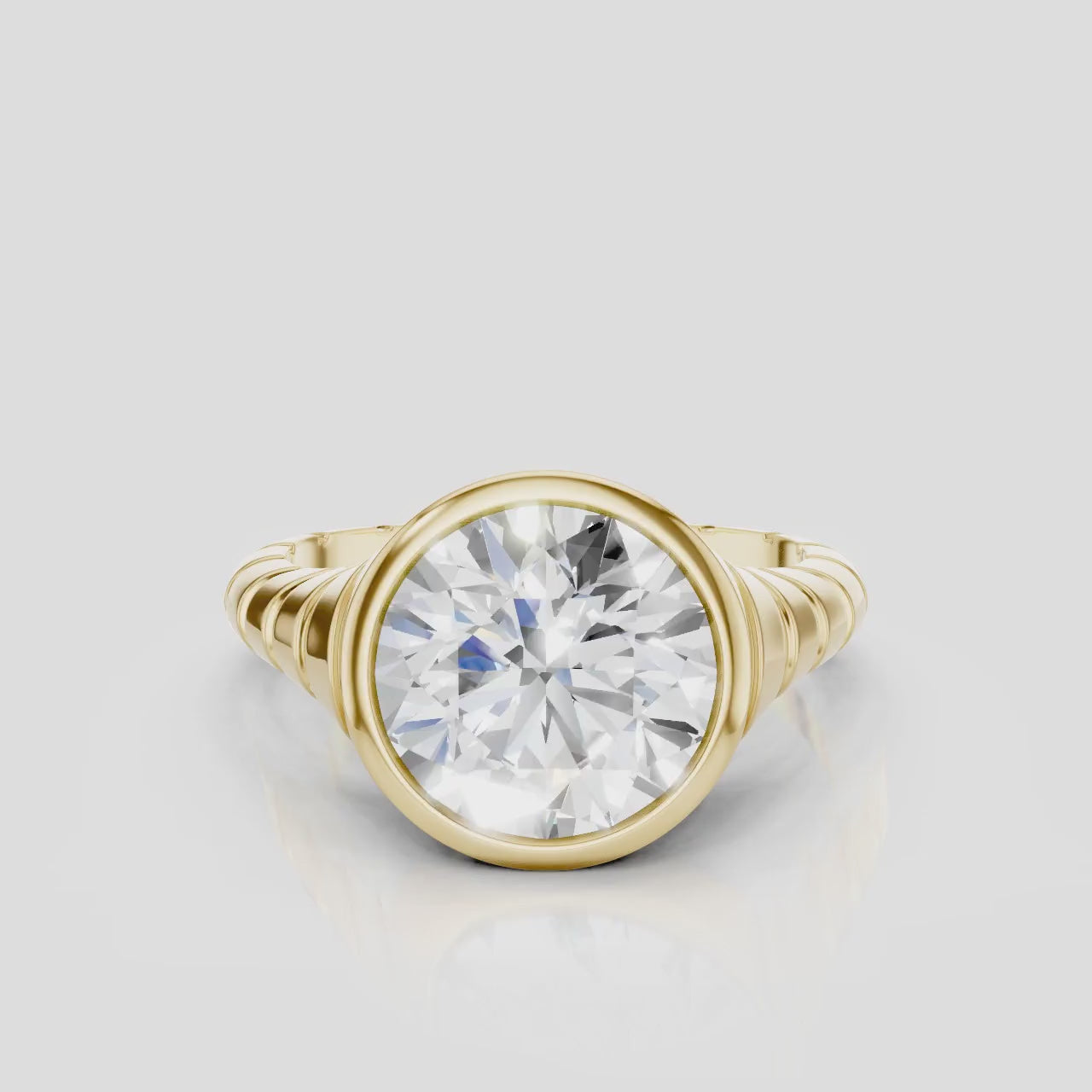 Chrystie 3ct round brilliant signet bezel grooved band engagement ring in 18ct yellow gold