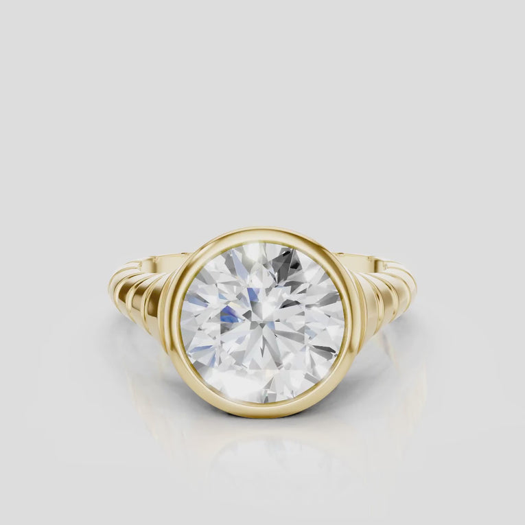 Chrystie 3ct round brilliant signet bezel grooved band engagement ring in 18ct yellow gold