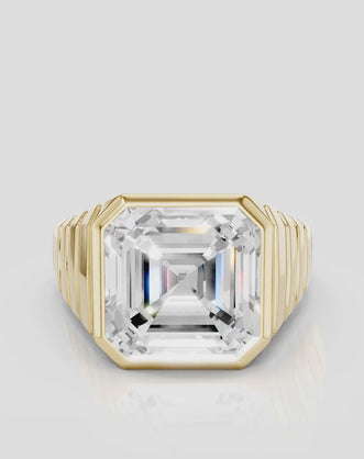 Rivington 5ct asscher signet bezel grooved band engagement ring in 18ct yellow gold