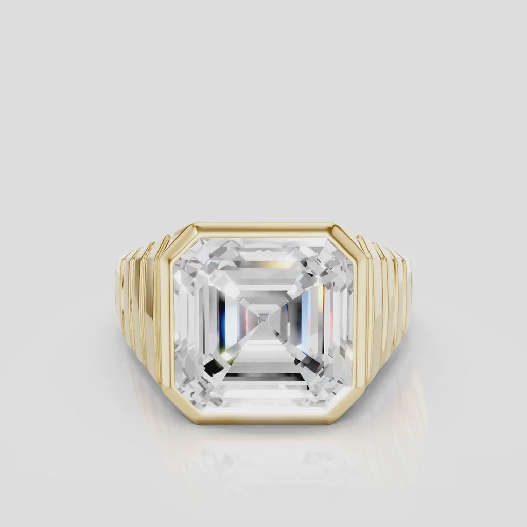 Rivington 5ct asscher signet bezel grooved band engagement ring in 18ct yellow gold