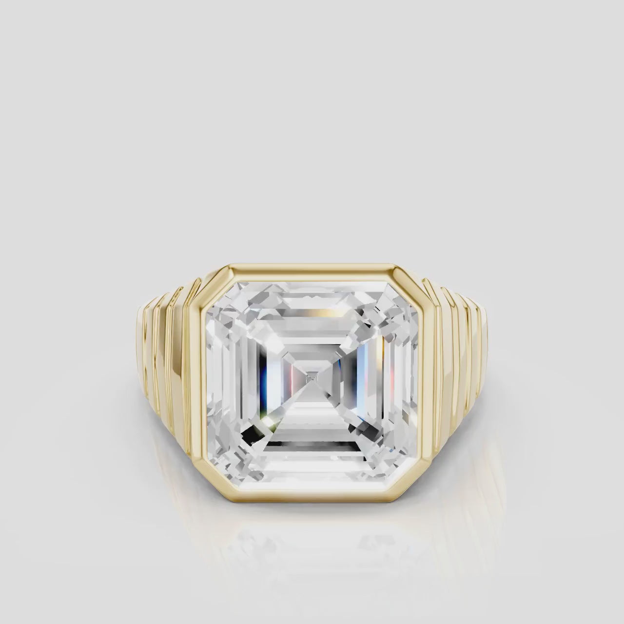Rivington 5ct asscher signet bezel grooved band engagement ring in 18ct yellow gold