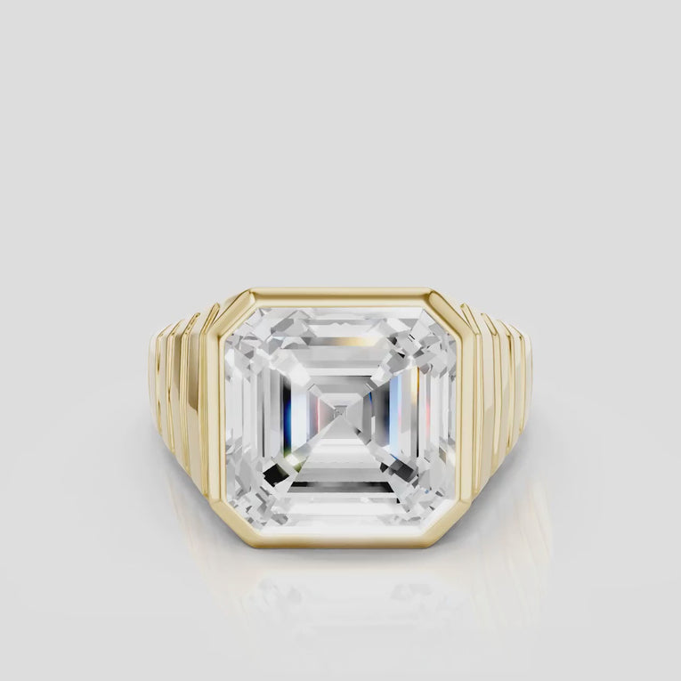 Rivington 5ct asscher signet bezel grooved band engagement ring in 18ct yellow gold