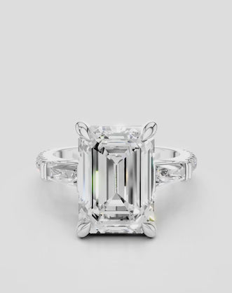 Elizabeth 5ct emerald cut tapered baguette engagement ring in 18ct white gold